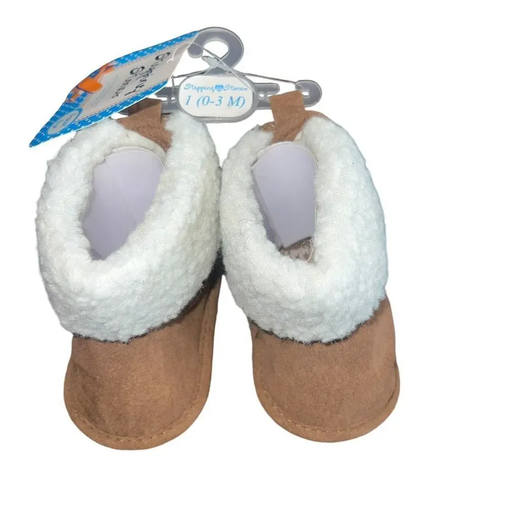 Stepping Stones Tan White Faux Fur Pre Walk Bootie Size 1 0-3 Month NEW